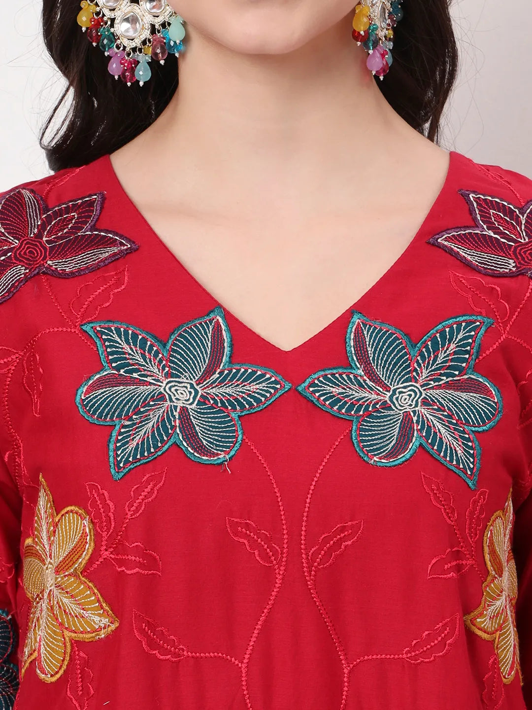 Pure Cotton Red Anarkali Kurta Dupatta Pant Set