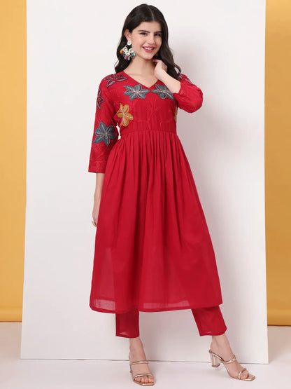 Pure Cotton Red Anarkali Kurta Dupatta Pant Set