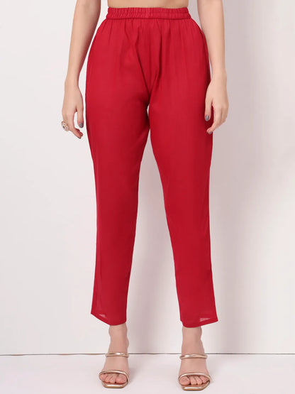 Pure Cotton Red Anarkali Kurta Dupatta Pant Set