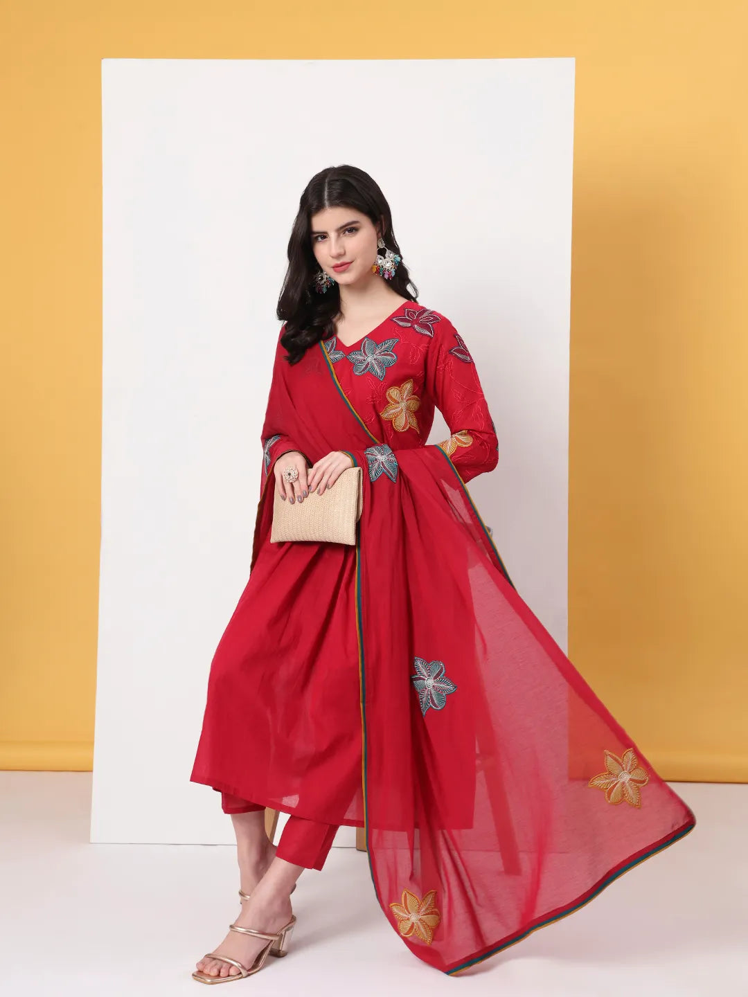 Pure Cotton Red Anarkali Kurta Dupatta Pant Set