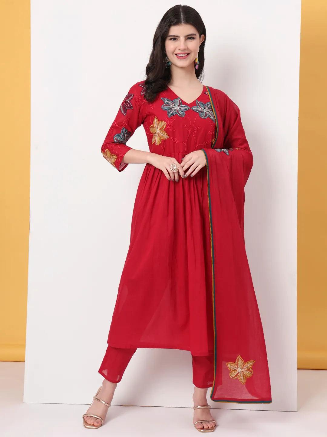 Women's Red Cotton Pure Cotton Red Anarkali Kurta Dupatta Pant Set by Yufta, suitable for wholesale buyers, boutiques, retailers, resellers and bulk fashion orders from Trendphoria