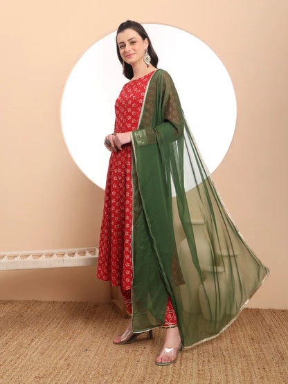 Pure Cotton Red Anarkali Kurta Dupatta Set