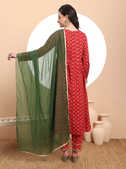 Pure Cotton Red Anarkali Kurta Dupatta Set