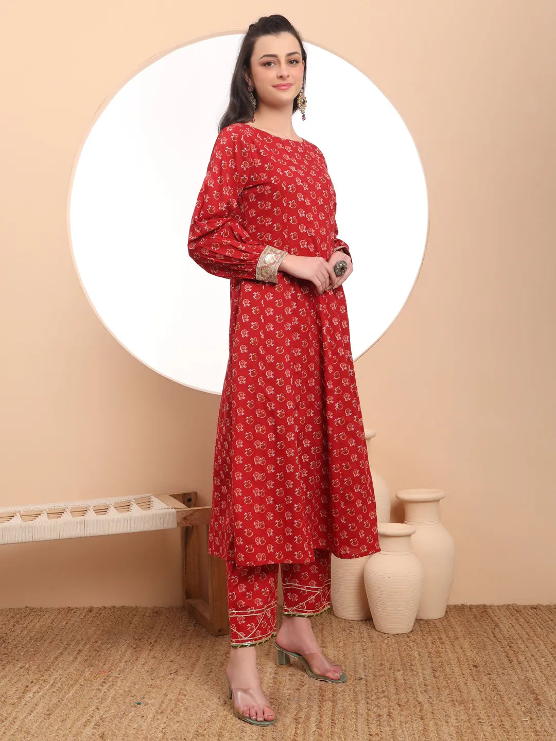 Pure Cotton Red Anarkali Kurta Dupatta Set