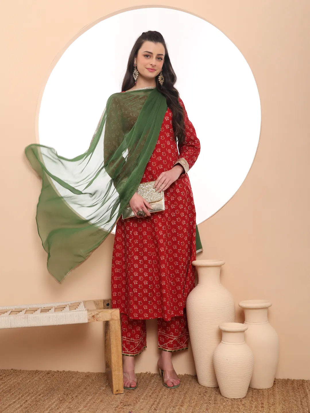 Pure Cotton Red Anarkali Kurta Dupatta Set