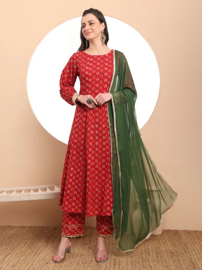 Pure Cotton Red Anarkali Kurta Dupatta Set