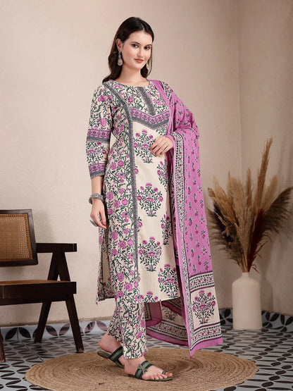 Purple And Beige Pure Cotton Floral Sequins Work Kurta Dupatta Set