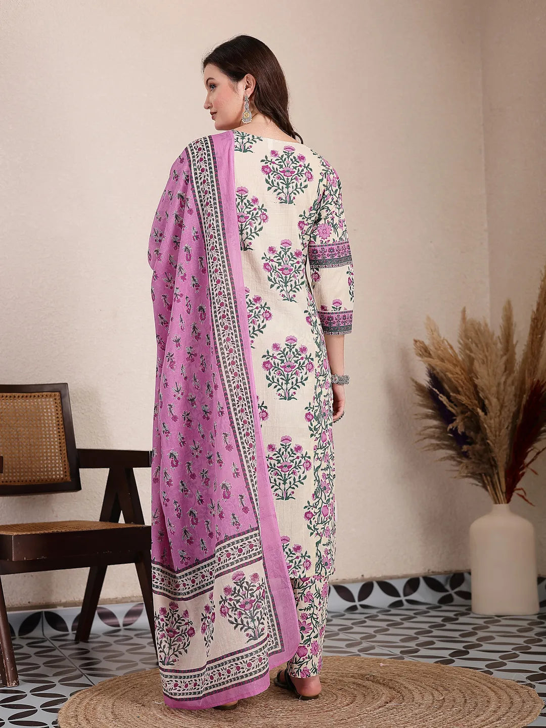 Purple And Beige Pure Cotton Floral Sequins Work Kurta Dupatta Set