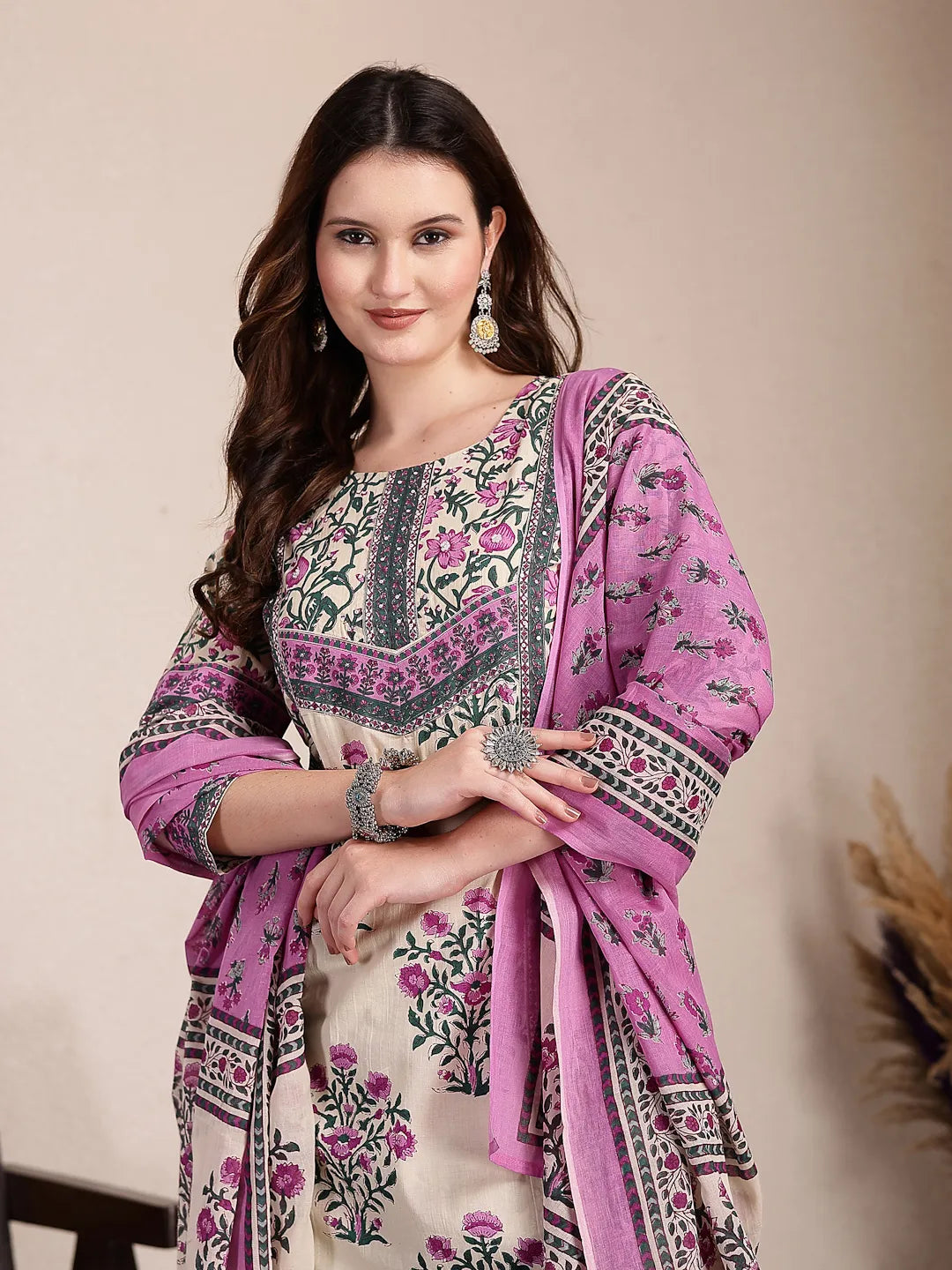 Purple And Beige Pure Cotton Floral Sequins Work Kurta Dupatta Set