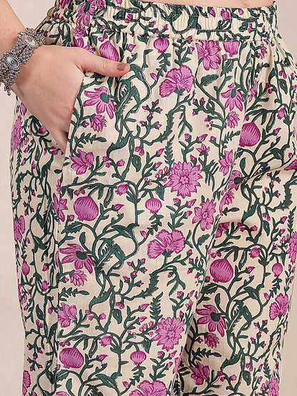 Purple And Beige Pure Cotton Floral Sequins Work Kurta Dupatta Set