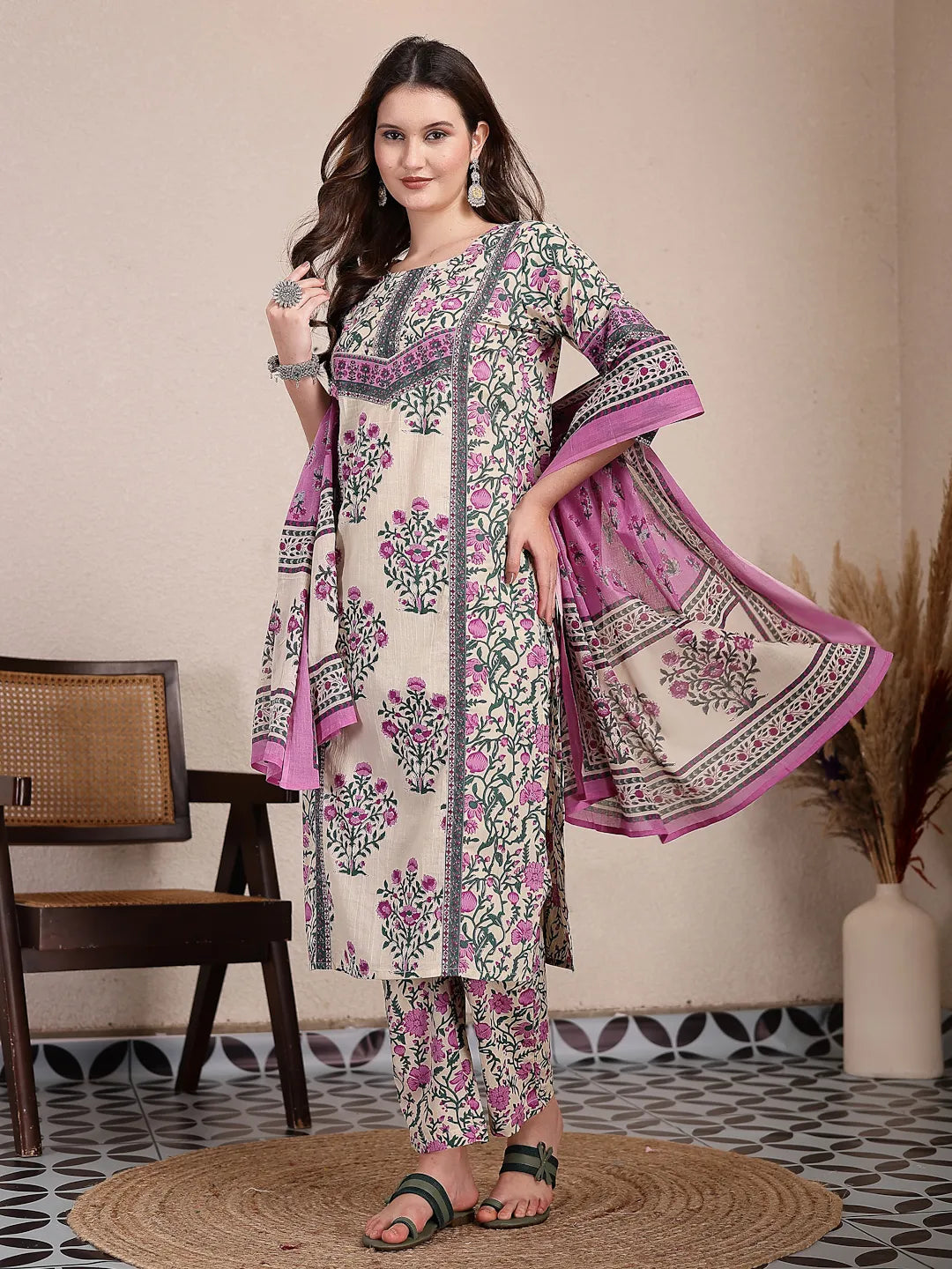 Purple And Beige Pure Cotton Floral Sequins Work Kurta Dupatta Set