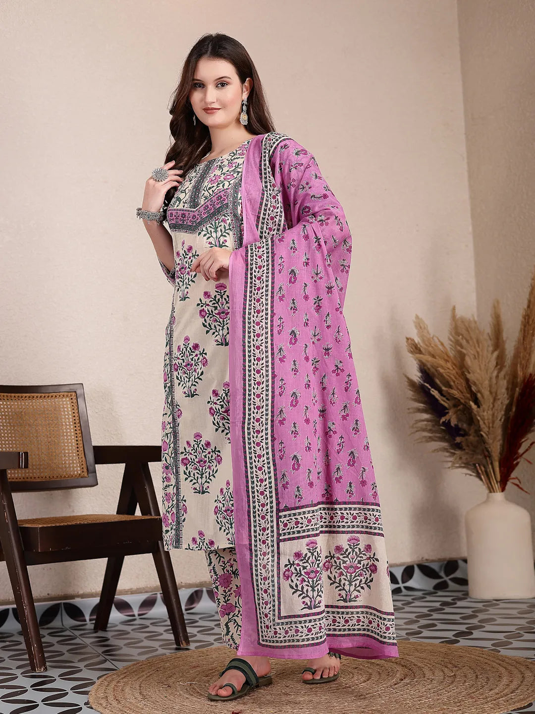 Purple And Beige Pure Cotton Floral Sequins Work Kurta Dupatta Set