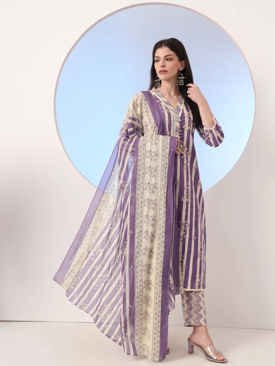 Purple And Cream Striped Straight Thread Work Kurta And Trouser With Dupatta Set