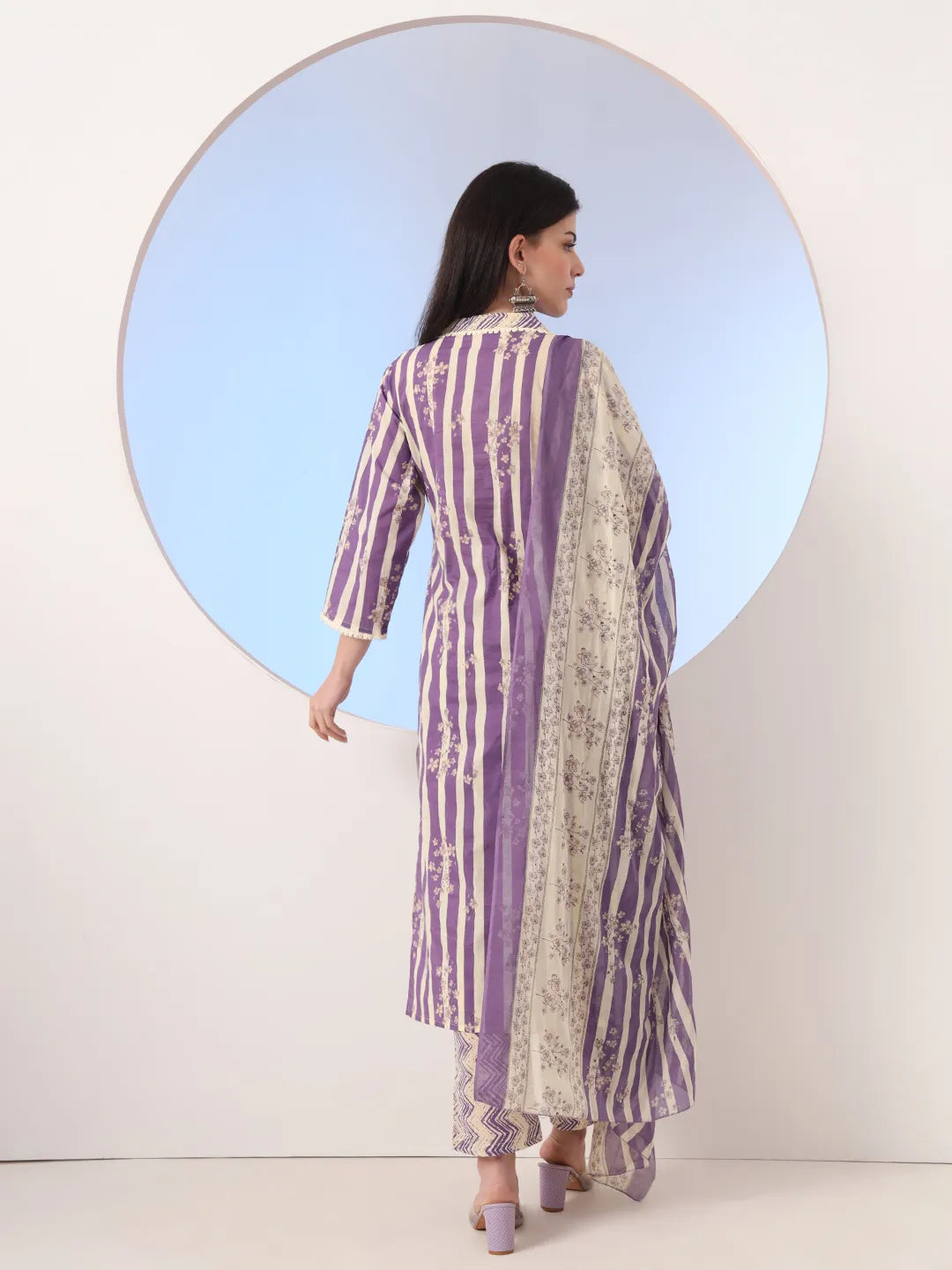 Purple And Cream Striped Straight Thread Work Kurta And Trouser With Dupatta Set