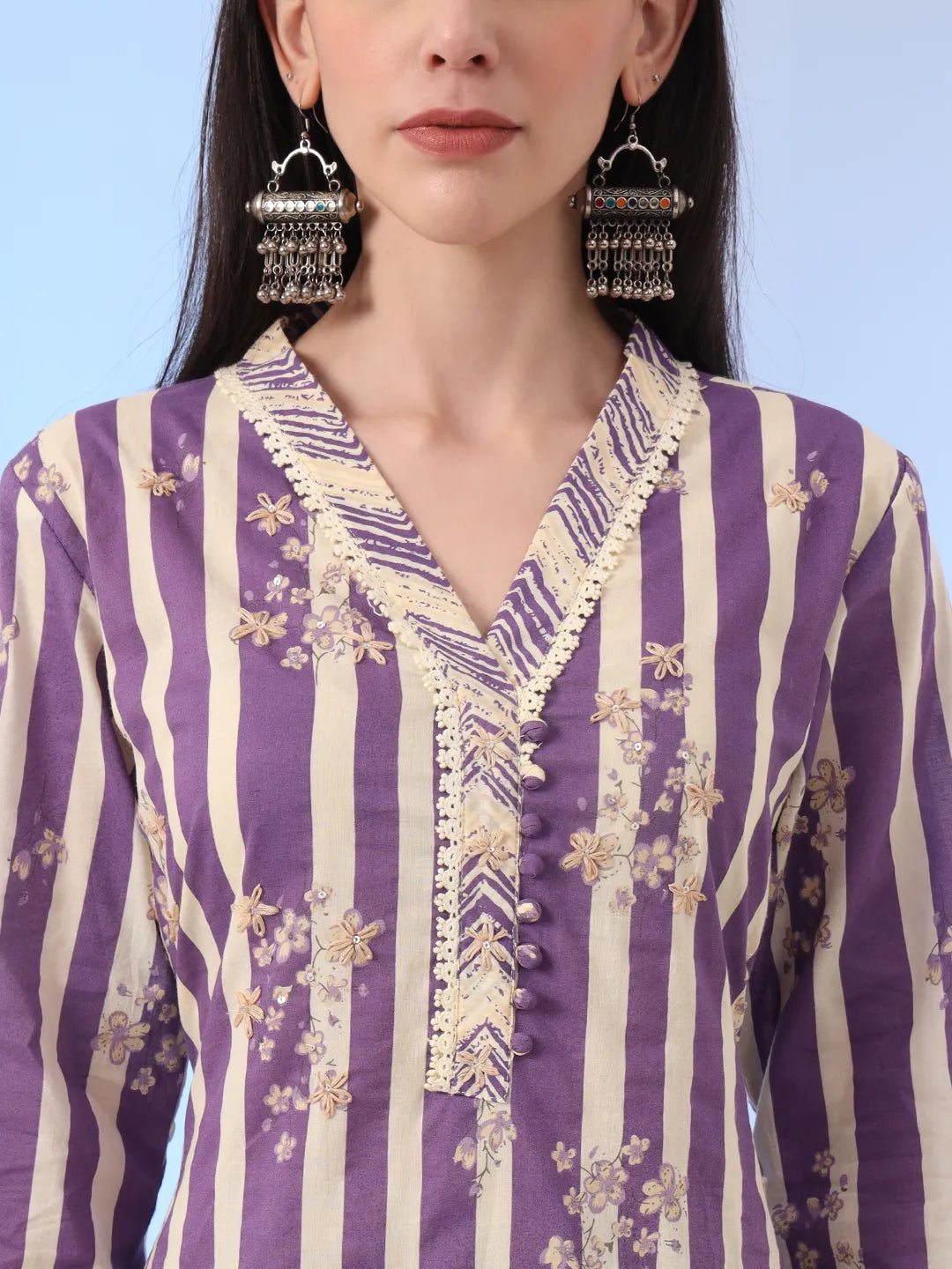 Purple And Cream Striped Straight Thread Work Kurta And Trouser With Dupatta Set