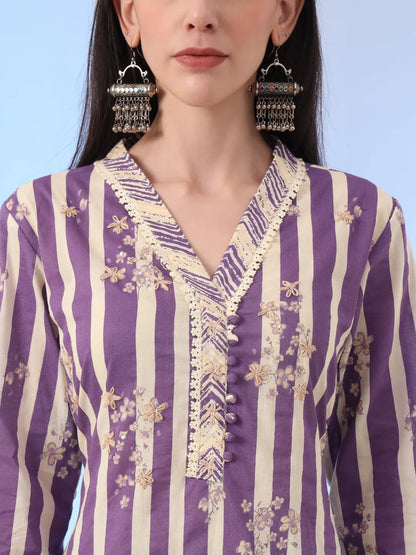 Purple And Cream Striped Straight Thread Work Kurta And Trouser With Dupatta Set