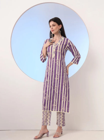 Purple And Cream Striped Straight Thread Work Kurta And Trouser With Dupatta Set