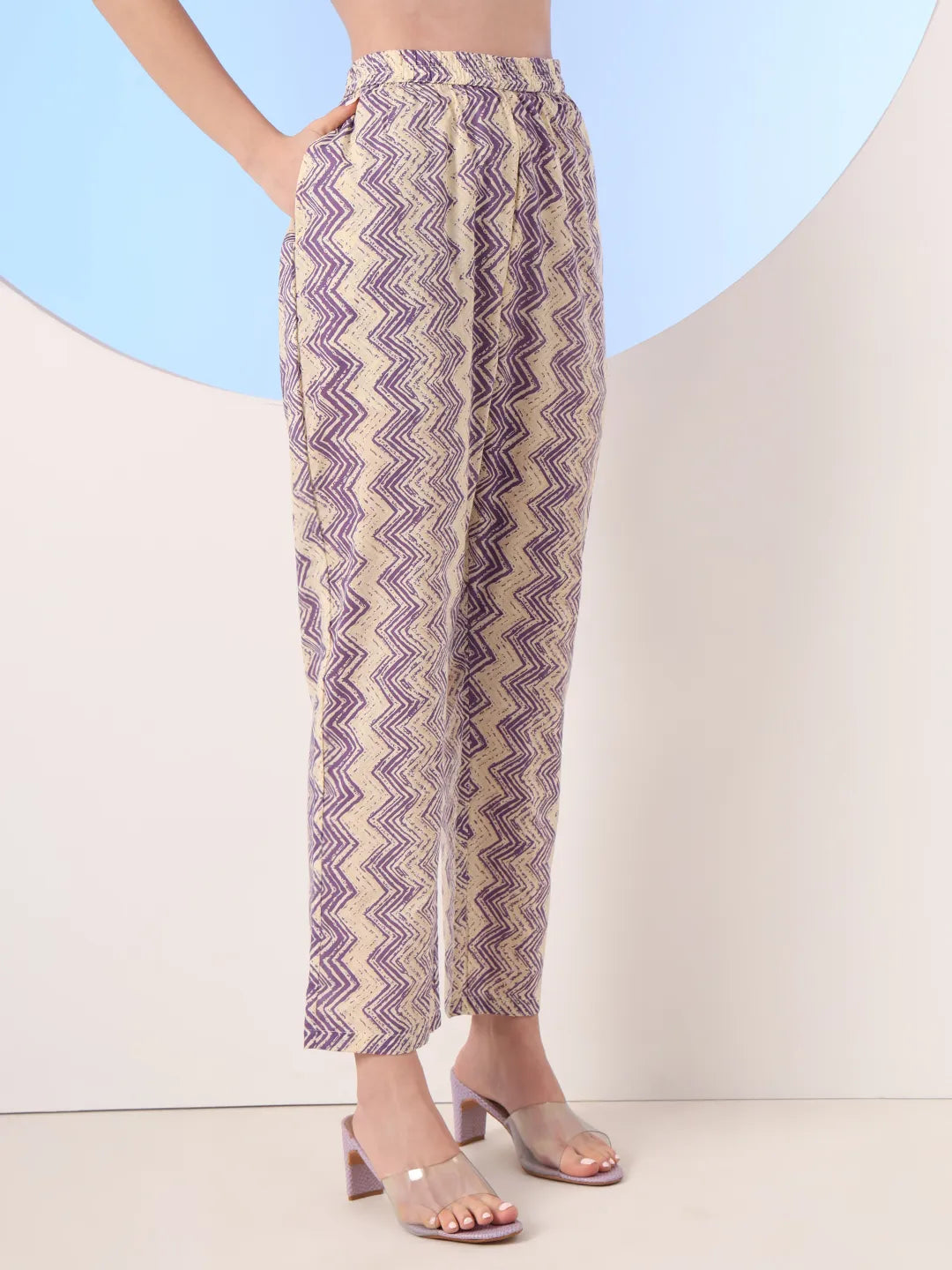 Purple And Cream Striped Straight Thread Work Kurta And Trouser With Dupatta Set