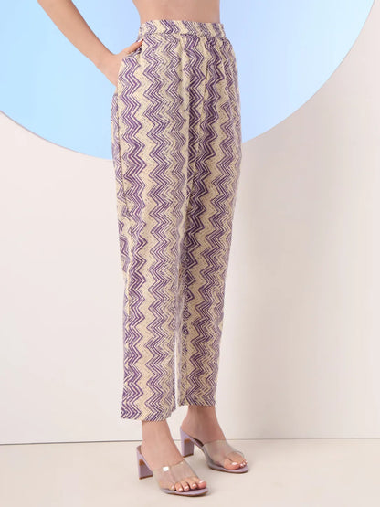 Purple And Cream Striped Straight Thread Work Kurta And Trouser With Dupatta Set