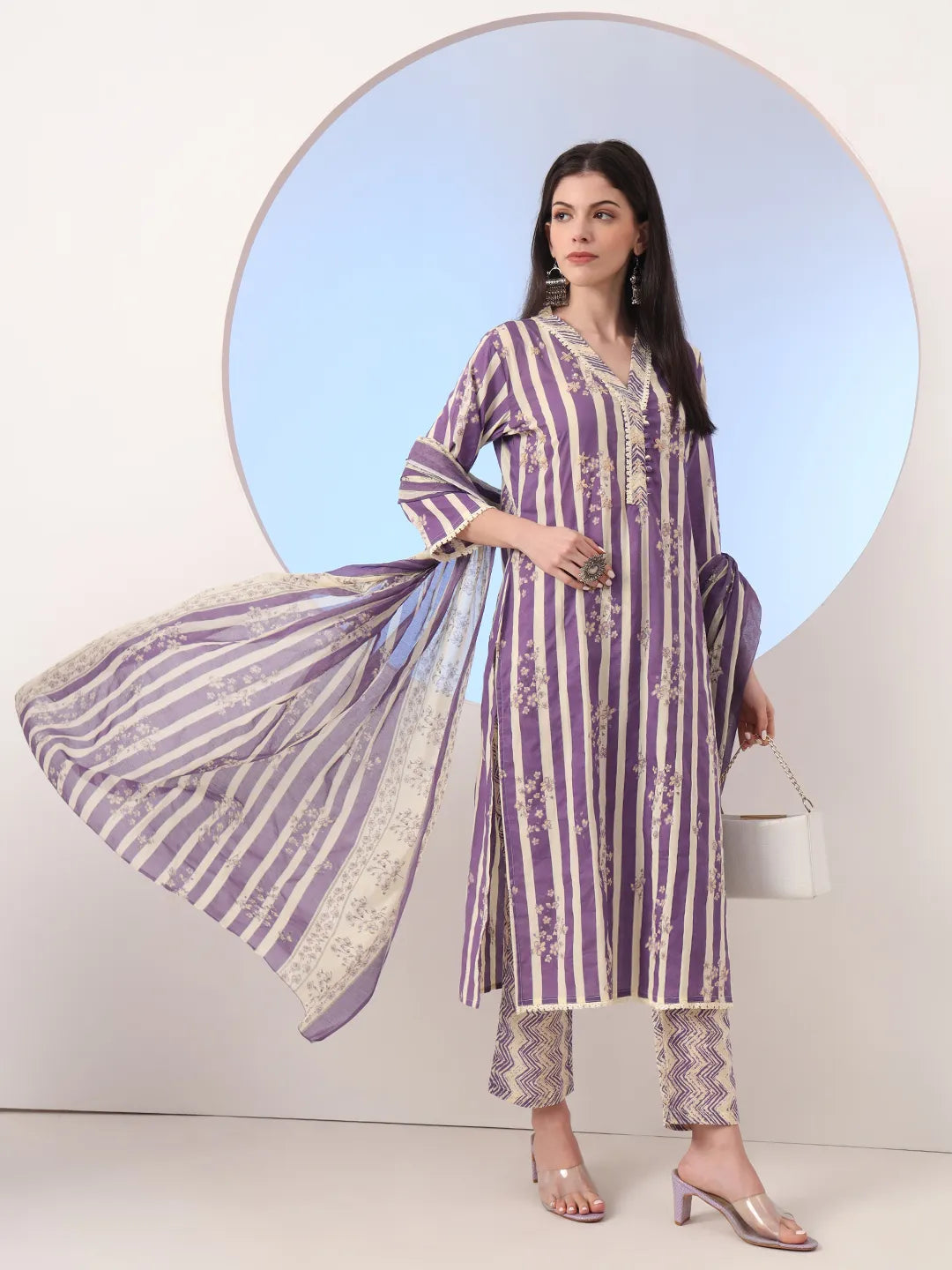Purple And Cream Striped Straight Thread Work Kurta And Trouser With Dupatta Set
