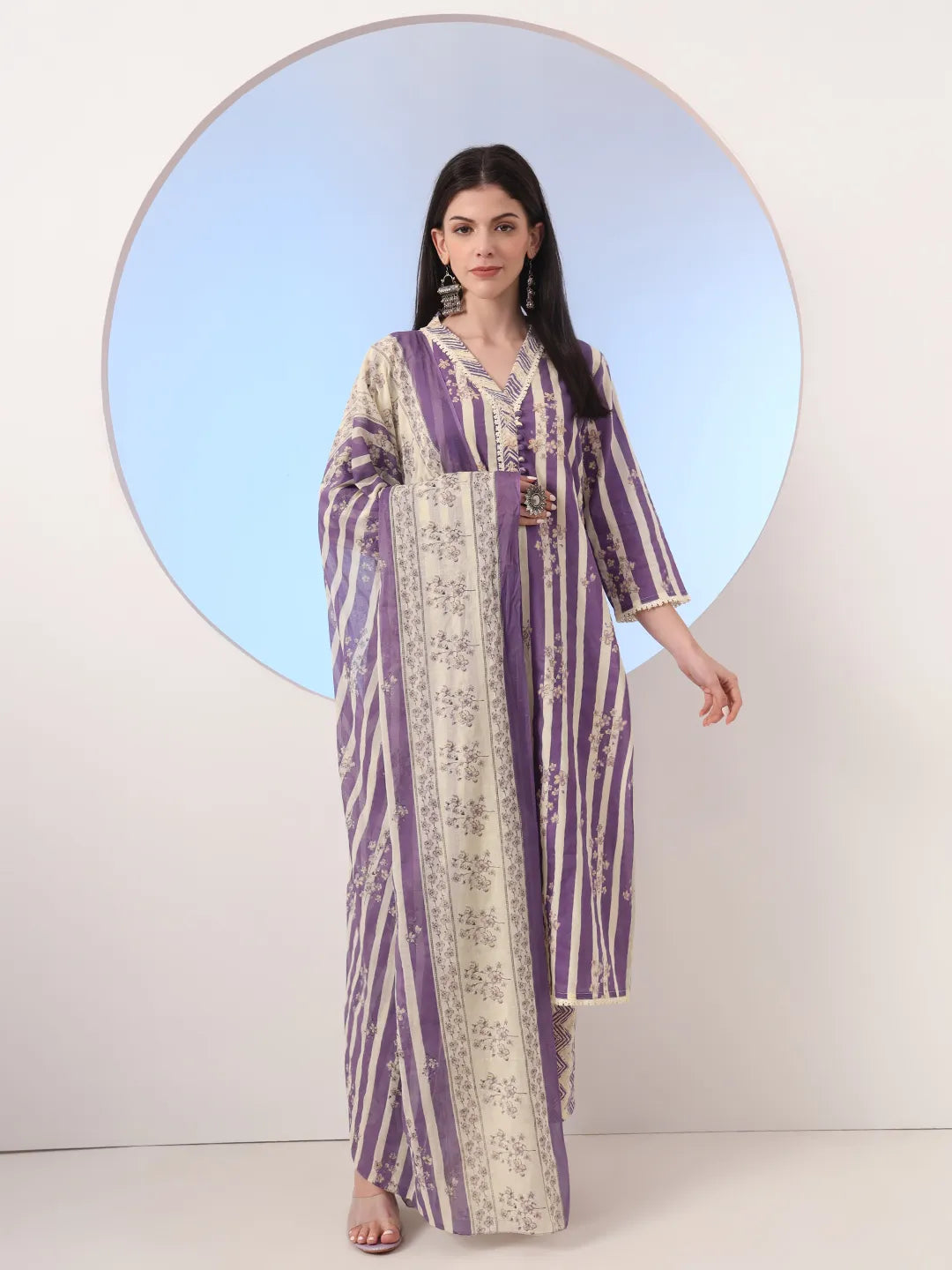 Purple And Cream Striped Straight Thread Work Kurta And Trouser With Dupatta Set