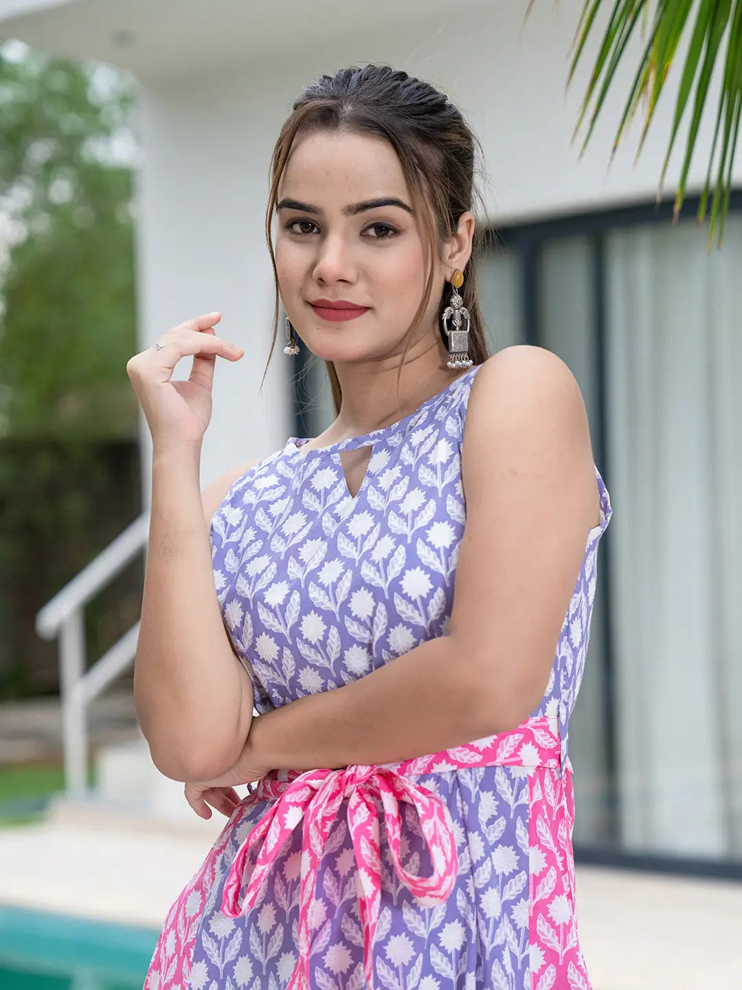 Purple And Pink Pure Cotton Colour Blocking Dress