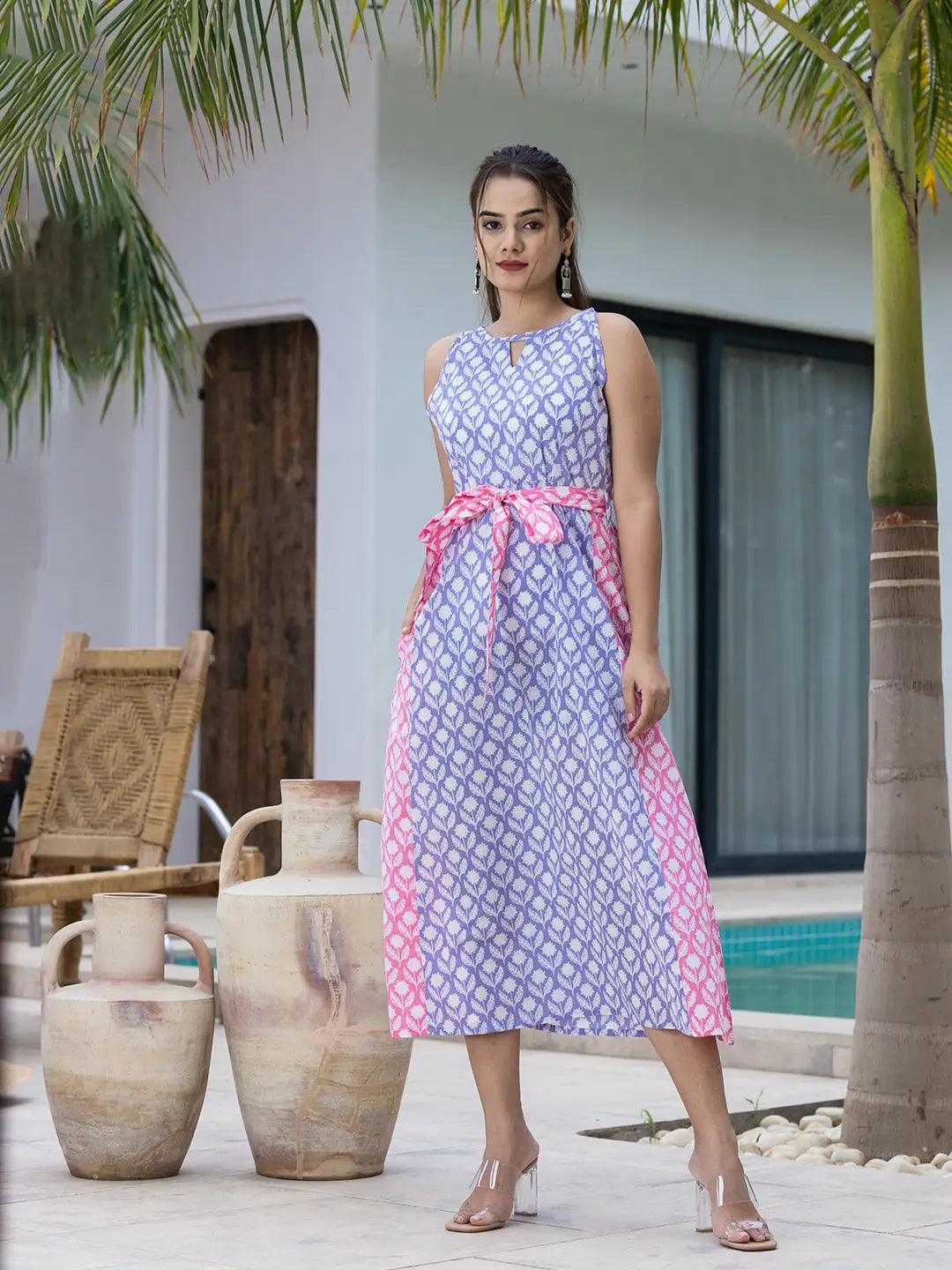 Purple And Pink Pure Cotton Colour Blocking Dress