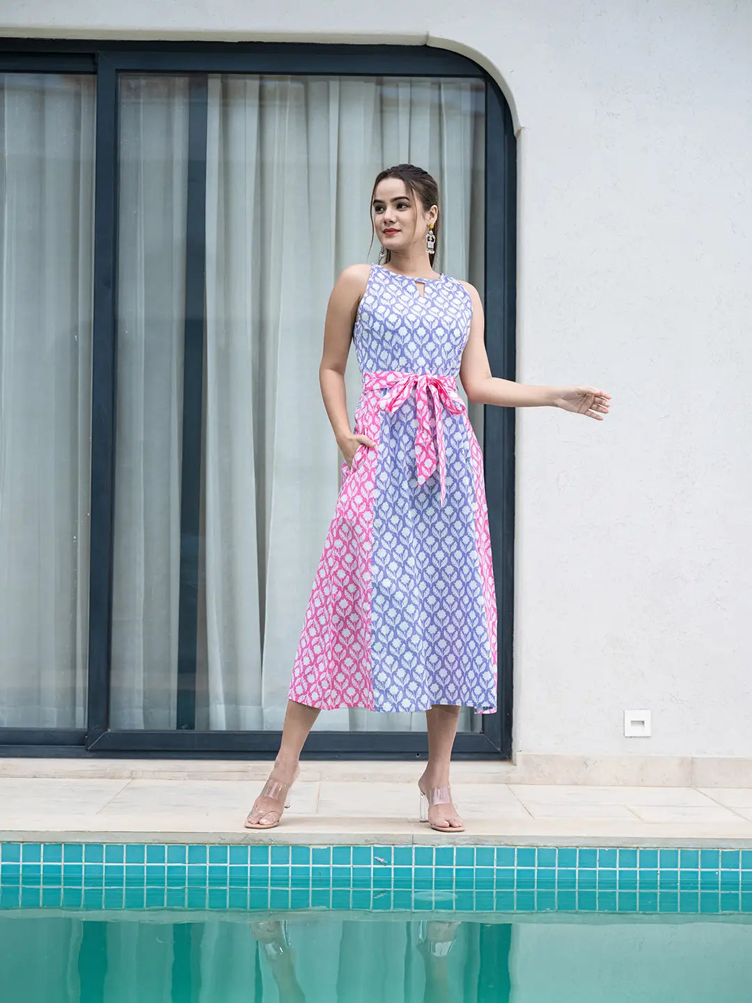 Purple And Pink Pure Cotton Colour Blocking Dress