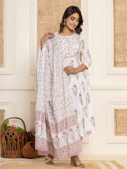 Purple And White Floral Print Piping Anarkali Style Kurta And Trousers With Dupatta Set