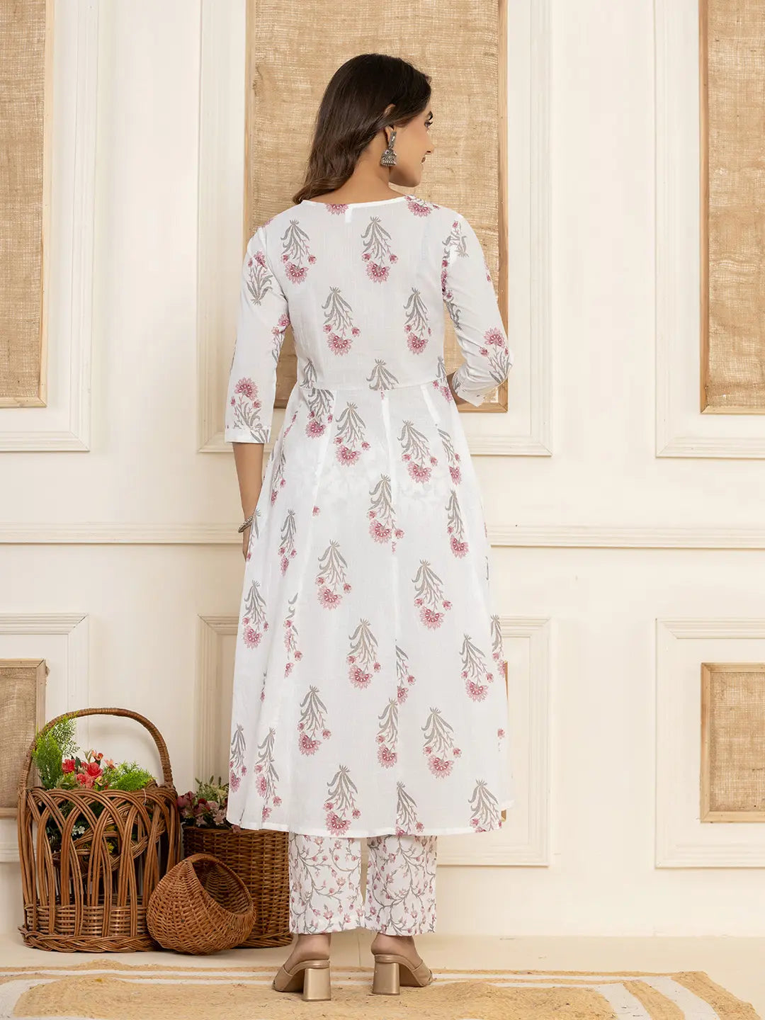 Purple And White Floral Print Piping Anarkali Style Kurta And Trousers With Dupatta Set