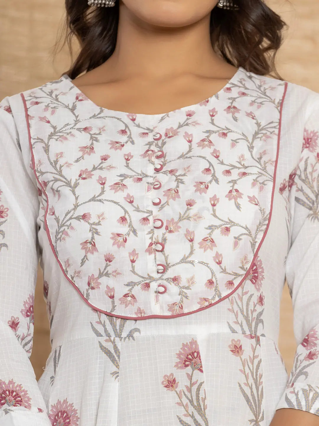 Purple And White Floral Print Piping Anarkali Style Kurta And Trousers With Dupatta Set