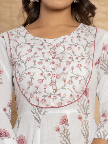 Purple And White Floral Print Piping Anarkali Style Kurta And Trousers With Dupatta Set