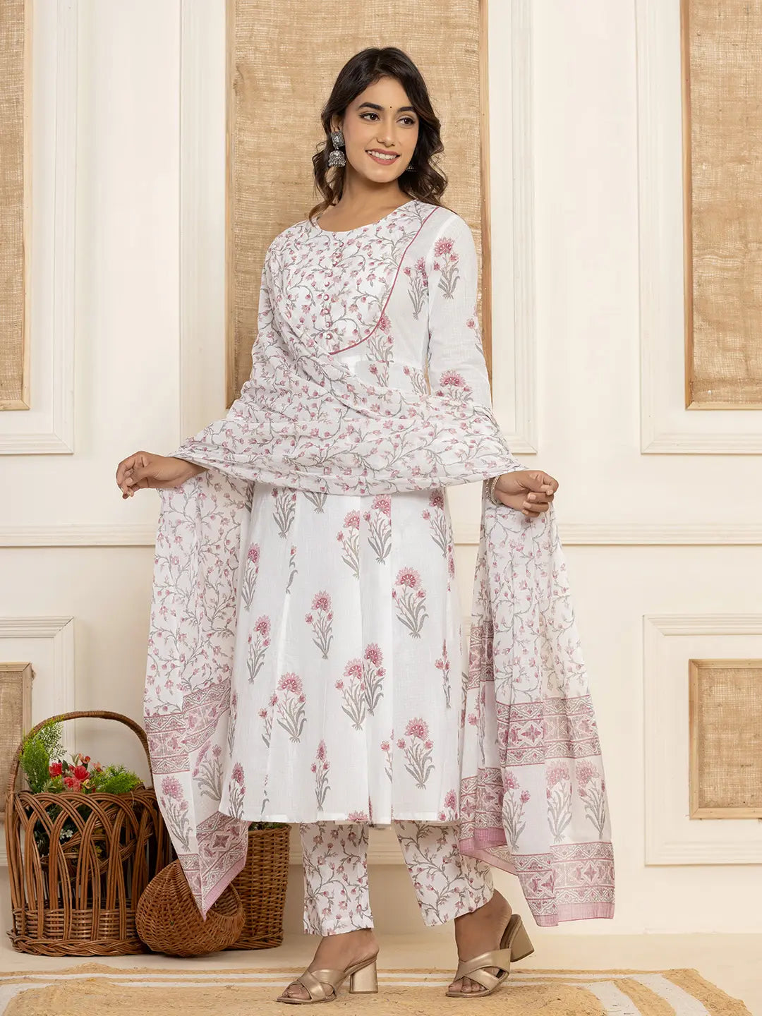 Purple And White Floral Print Piping Anarkali Style Kurta And Trousers With Dupatta Set
