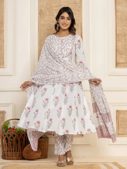 Purple And White Floral Print Piping Anarkali Style Kurta And Trousers With Dupatta Set