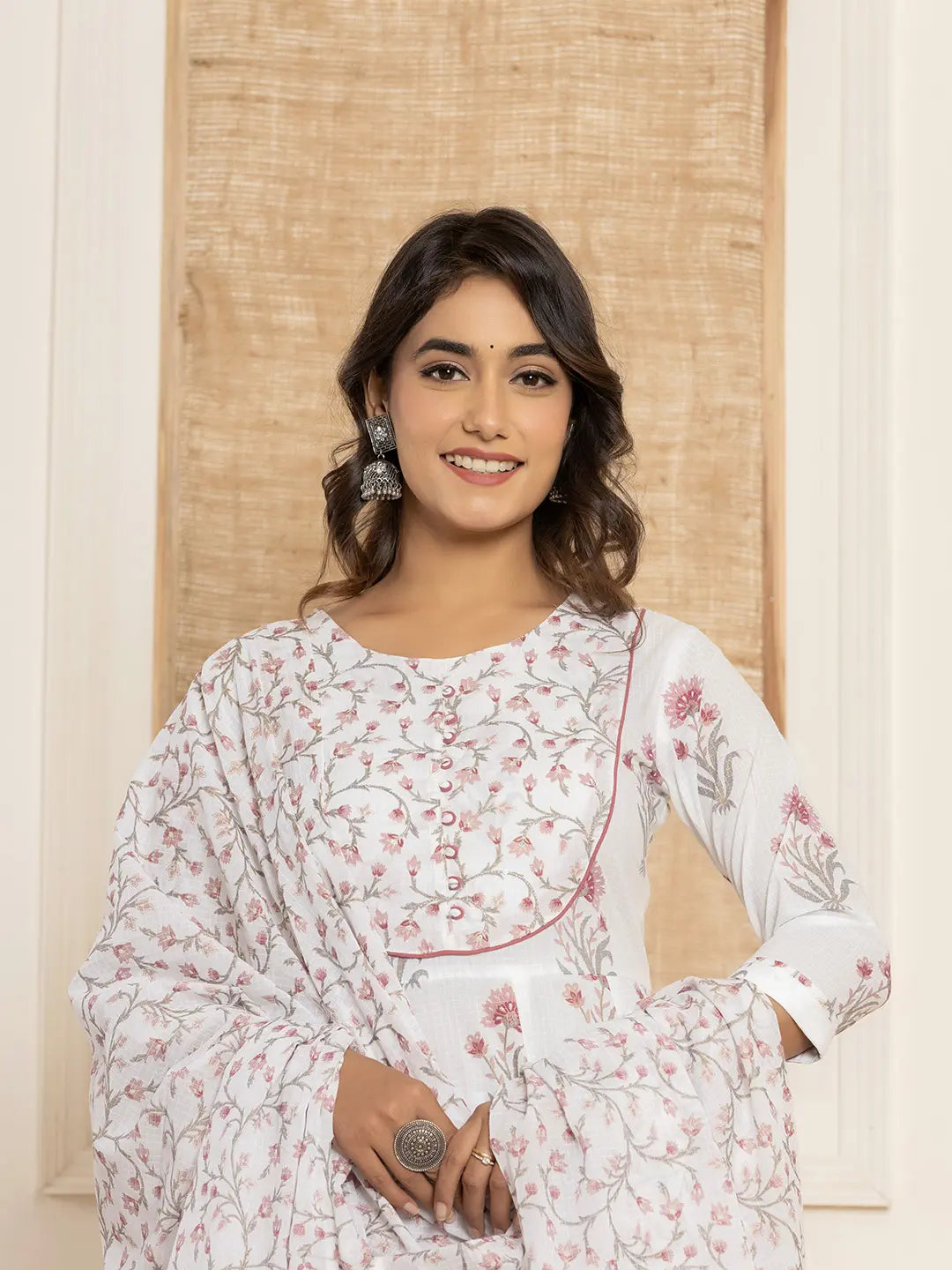 Purple And White Floral Print Piping Anarkali Style Kurta And Trousers With Dupatta Set