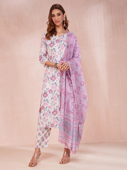 Purple And White Floral Print V Neck Straight Kurta Trouser Set