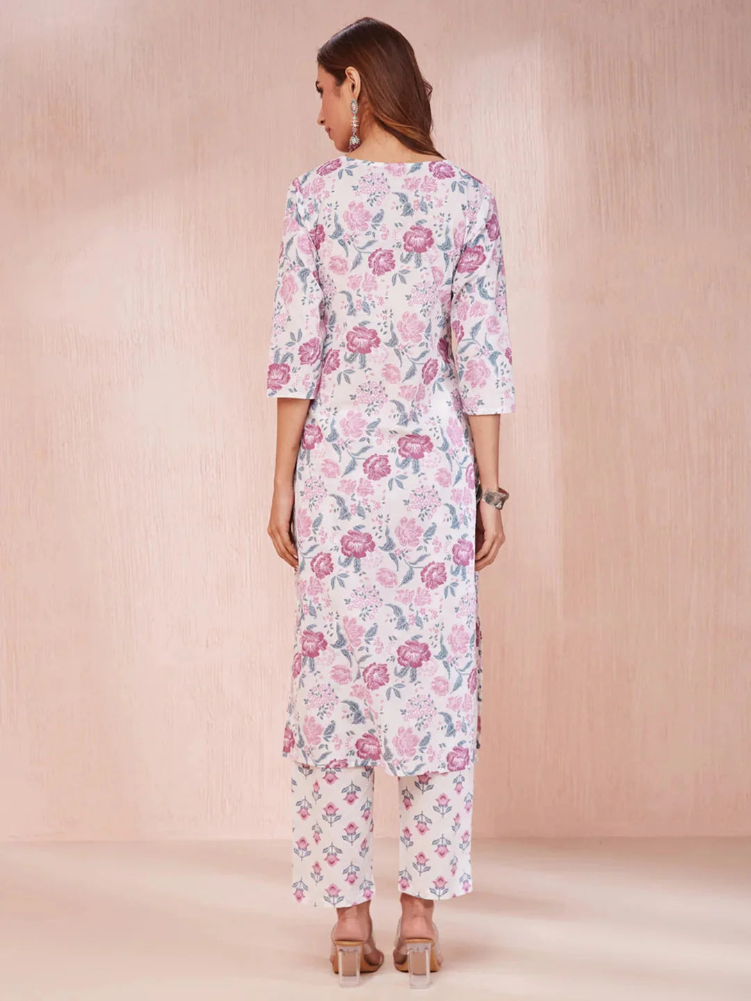 Purple And White Floral Print V Neck Straight Kurta Trouser Set