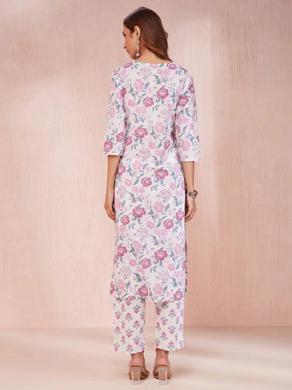 Purple And White Floral Print V Neck Straight Kurta Trouser Set