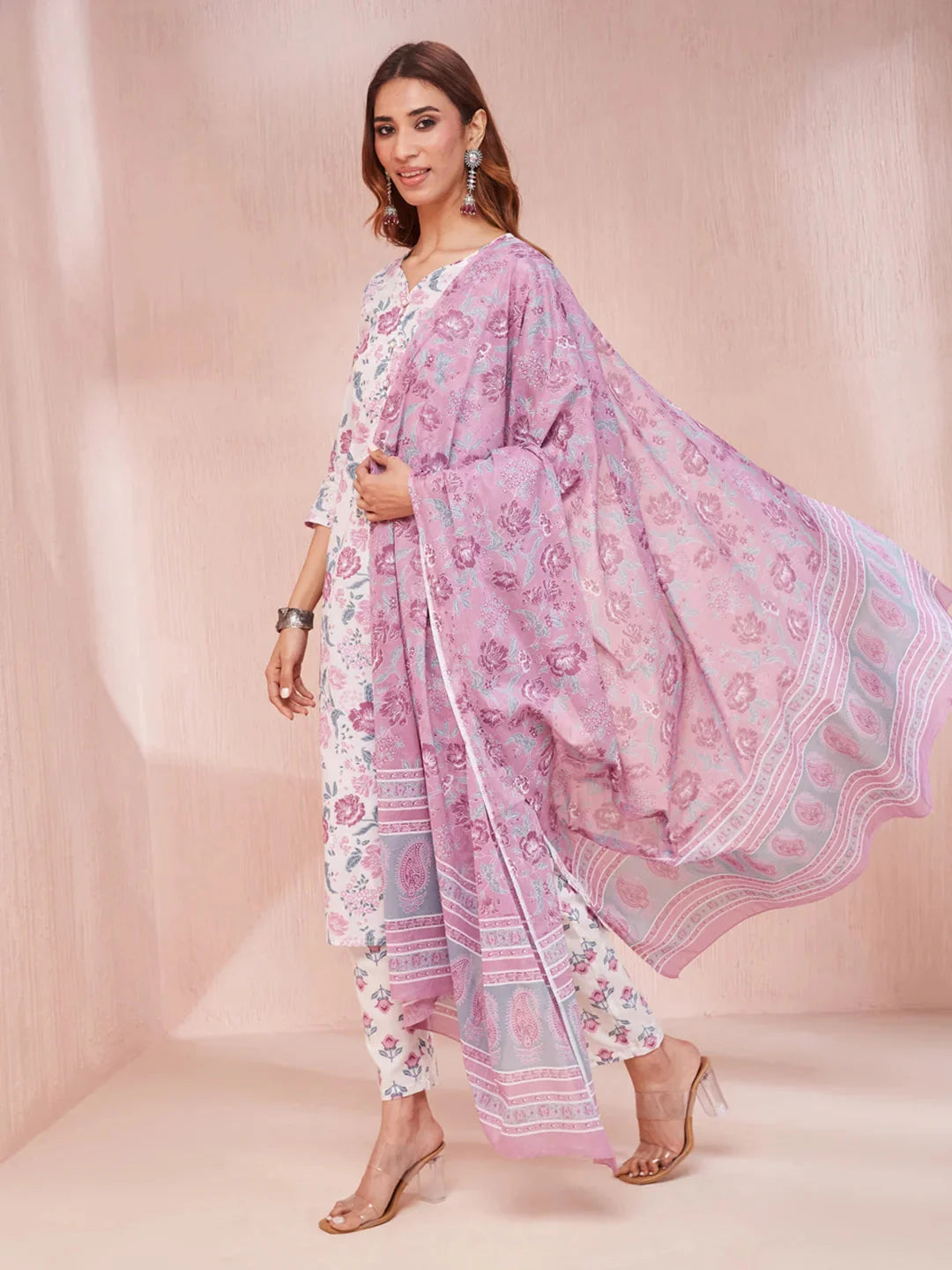 Purple And White Floral Print V Neck Straight Kurta Trouser Set