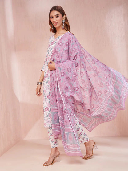 Purple And White Floral Print V Neck Straight Kurta Trouser Set