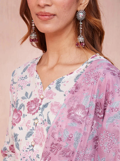 Purple And White Floral Print V Neck Straight Kurta Trouser Set