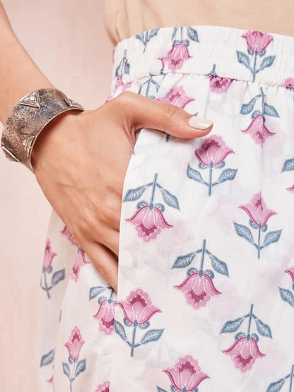 Purple And White Floral Print V Neck Straight Kurta Trouser Set