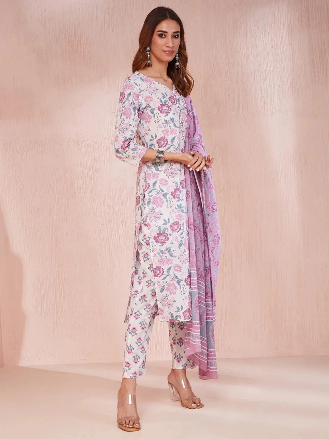 Purple And White Floral Print V Neck Straight Kurta Trouser Set