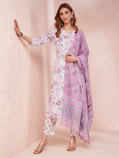 Purple And White Floral Print V Neck Straight Kurta Trouser Set