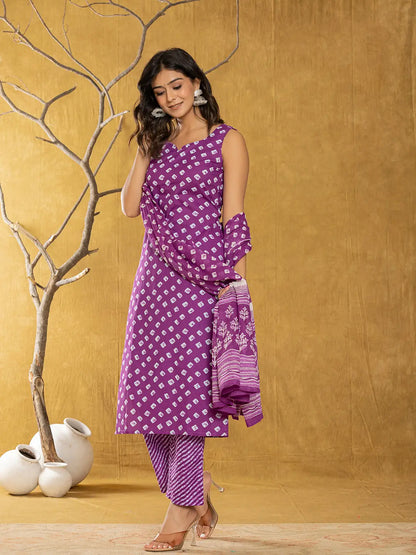 Purple Bandhani Cotton Straight Kurta Trouser & Dupatta Set