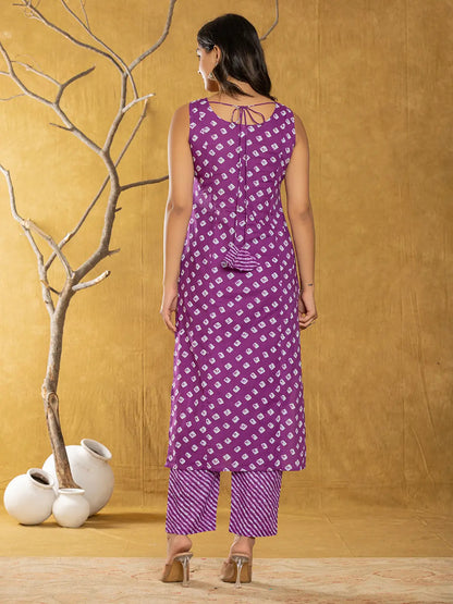 Purple Bandhani Cotton Straight Kurta Trouser & Dupatta Set
