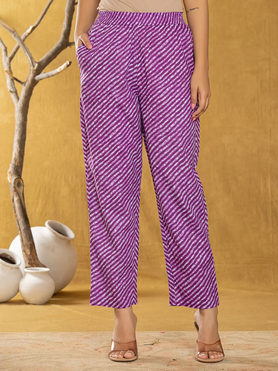 Purple Bandhani Cotton Straight Kurta Trouser & Dupatta Set