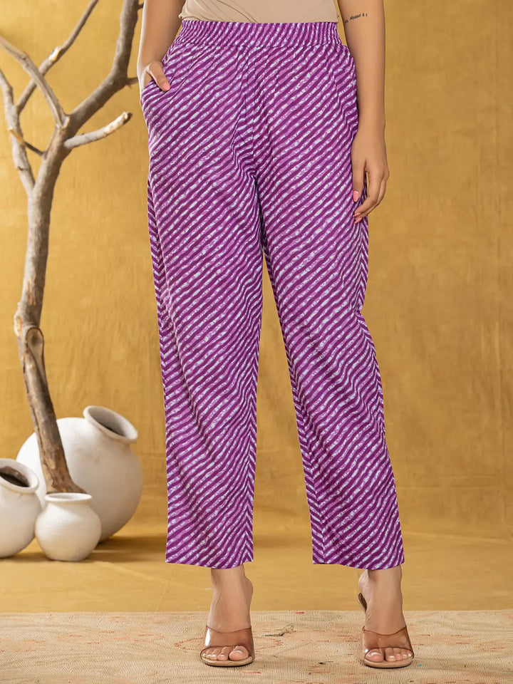 Purple Bandhani Cotton Straight Kurta Trouser &amp; Dupatta Set