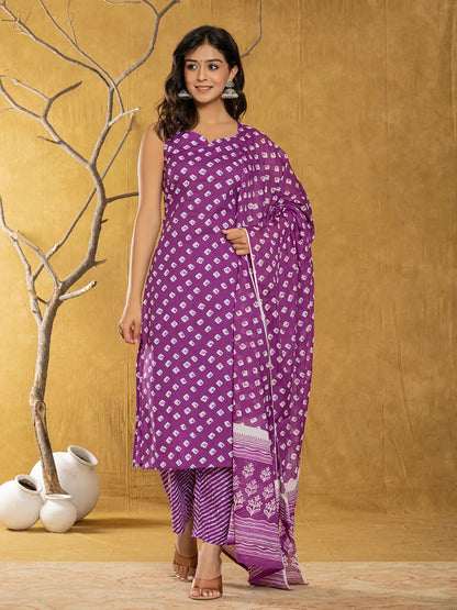 Purple Bandhani Cotton Straight Kurta Trouser & Dupatta Set