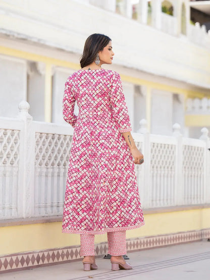 Purple Checkered Print Anarkali Kurta Trouser With Dupatta Set